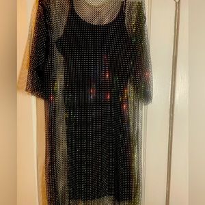 Black mirrorball mesh dress. Two pieces (slip dress included). BNWT